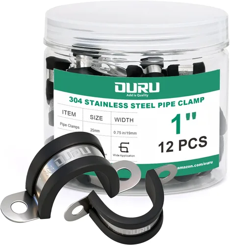 OURU 12 piezas de abrazadera de tubo de 1 pulgada de acero inoxidable 304, abrazadera de tubo aislada con cojín de goma resistente, abrazadera en U