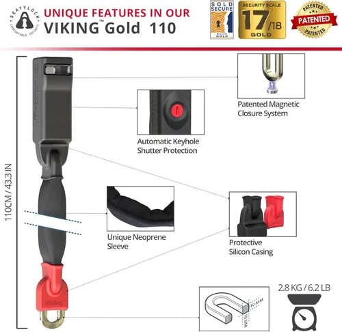 Vista 6 de Seatylock Viking - Candado de cadena para bicicleta con llave, magnético patentado, se vende con clasificación de oro seguro, antirrobo resistente