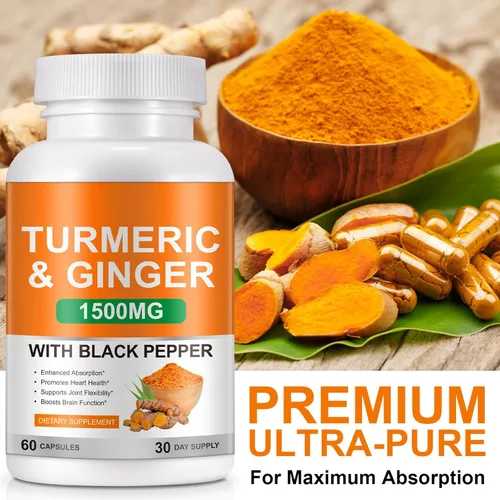 Vista 4 de Suplemento de cúrcuma y jengibre de 1500 mg, suplemento complejo de cúrcuma con extracto de pimienta negra y 95% curcuminoides para ayudar