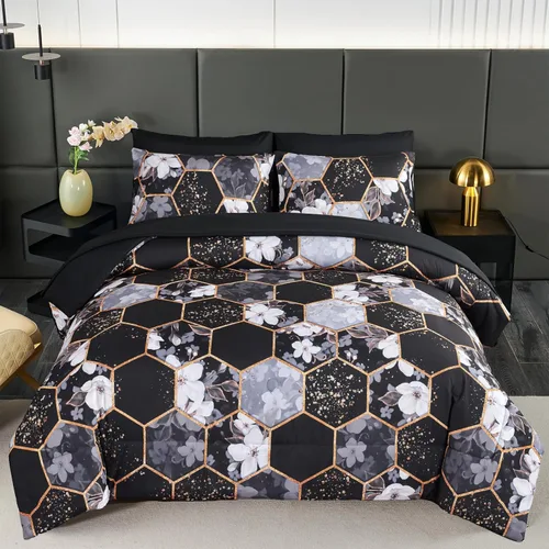 Vista 18 de ZRNBAST Juego de edredón de 7 piezas, tamaño matrimonial, color gris claro, panal de abeja, para todas las estaciones, con estampado hexagonal