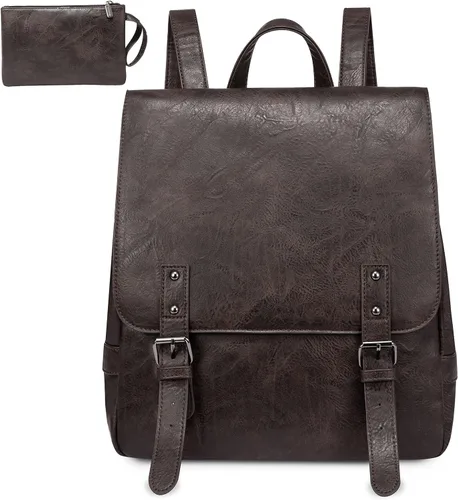 LOVEVOOK Mochila de moda para mujer, mochila de cuero vegano antirrobo, mochilas con bolso pequeño, juego de 2 piezas, café, (Dark-coffee)