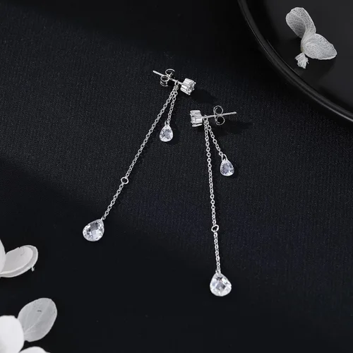 Vista 5 de SLUYNZ Solid 925 Sterling Silver CZ Droplet Dangle Earrings Chain for Women Teens Teardrop Wedding Dangling Earrings Tassel Sparkling CZ Studs Chain