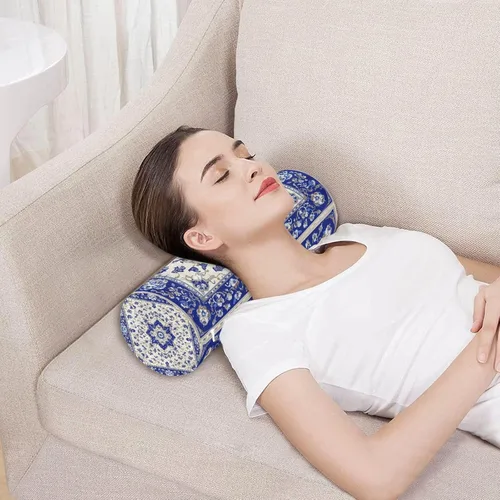 Vista 5 de Blue and White Orcelain Floral Cervical Roll Pillow, 17" Neck Support Bolster Pillow, Round Pillow for Sleeping Support and Pain Relief, with