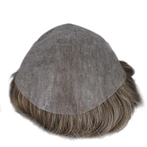 Vista 2 de pelo gris toupee para hombres piel fina cabello humano marrón claro mezclado pelo blanco 660 #
