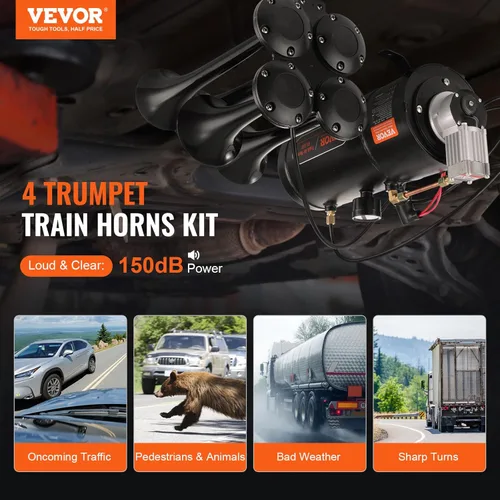 Vista 2 de VEVOR Kit de bocina de aire de 4 trompetas, bocinas de tren de 150 dB para camionetas pickup, compresor de aire de 12 V 120 psi, tanque de 0.8