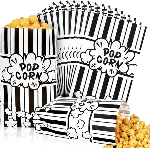Vista 8 de Whaline 100 bolsas de papel para palomitas de maíz de noche de película, 2 onzas, rayas blancas y negras, contenedor de palomitas de maíz de fondo