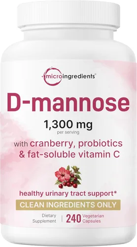 Pure D Manosa 1,300 mg con arándano rojo y probióticos, 240 cápsulas vegetales | Salud del tracto urinario para mujeres | Más 1 millón de UFC mezcla