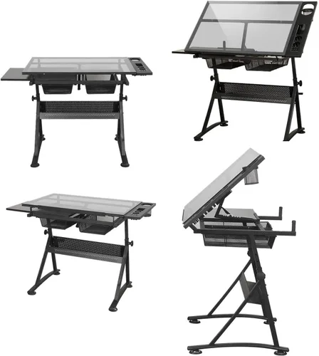 Vista 4 de Escritorio de dibujo profesional de altura ajustable, mesa de cristal, mesa de manualidades inclinable con almacenamiento, escritorio de arte