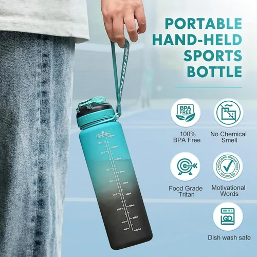 Vista 6 de Botella de agua con popote de 1 litro, botellas de agua para niños con popote de 1 litro, botella de agua deportiva a prueba de fugas, botellas