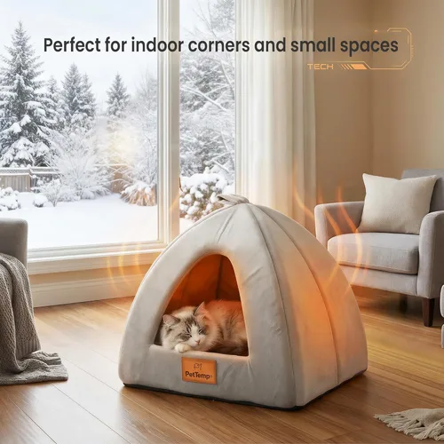 Vista 8 de Cama térmica para gatos de interior, 2 en 1 con cueva para gatos y cama cálida con almohadilla térmica integrada de 22 W, lavable a máquina, muebles
