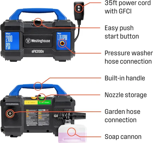 Vista 11 de Westinghouse ePX3100v - Lavadora a presión eléctrica, 2100 PSI máximo, 1.76 GPM máximo, asa de transporte incorporada, cañón de espuma desmontable