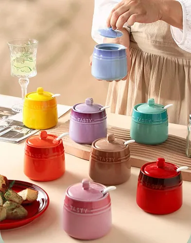 Vista 5 de Colorido tarro de especias de cerámica caja de condimentos olla de condimentos azucarero con tapa cuchara azul
