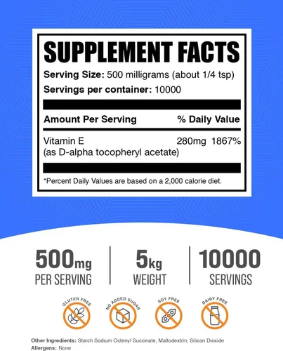 Vista 2 de BulkSupplements. com Vitamina E 400 UI en polvo - como D-alfa tocoferol, suplementos nutricionales - Sin gluten, 500 mg por porción, 11.0 lbs