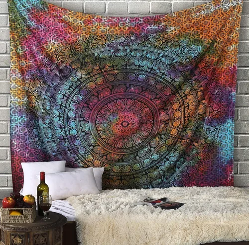 Vista 23 de Craft Trade Tapiz para colgar en la pared con diseño de mandala de algodón indio para decoración estética, bohemio, hippie, sala de estar, Blanco