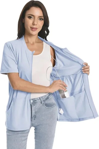 Vista 10 de Camisas con cremallera para después de la mastectomía con bolsillos de drenaje, ropa imprescindible para recuperación de cirugía, cómodas camisas