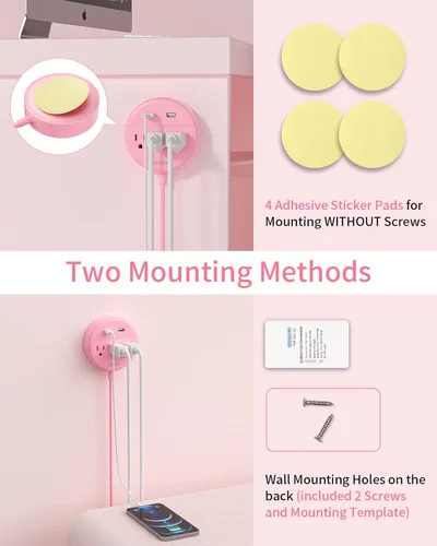 Vista 2 de NTONPOWER - Tira de alimentación rosa rosa con USB, cable de extensión de enchufe plano Nightst y estación de carga de escritorio con 3 salidas y 2