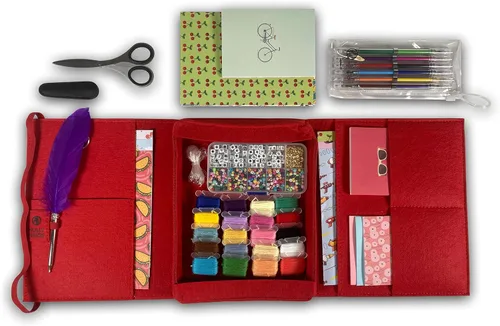Vista 5 de Pen Pal Letter Writing Kit, Felt Organizer Writing Folder, Fancy Feather Pen, Paper, Cards & Envelopes, Gel Pens, Scissors, Glue Stick, Snail Mail