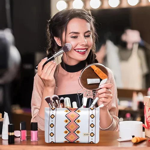 Vista 4 de WLLWOO - 2 bolsas de maquillaje de pana con cara sonriente, bolsa de cosméticos con cremallera interior impermeable, estuche para lápices, monedero