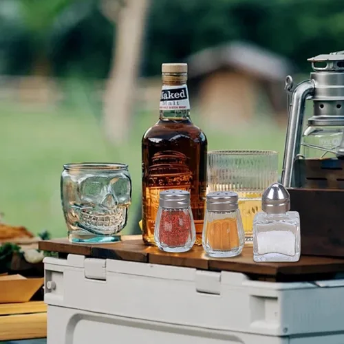 Vista 5 de 100 mini saleros y pimenteros de 0.5 onzas, recipiente pequeño a granel para condimentos de vidrio con tapa de acero inoxidable para viajes, hogar