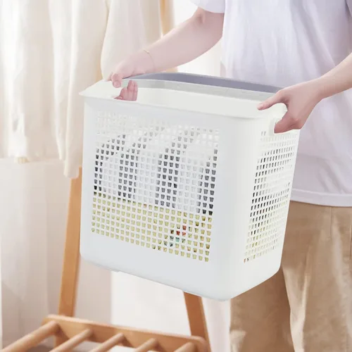 Vista 5 de Bringer Cestas de plástico para lavandería de 35 L con asa, paquete de 4 cestas sucias, color blanco