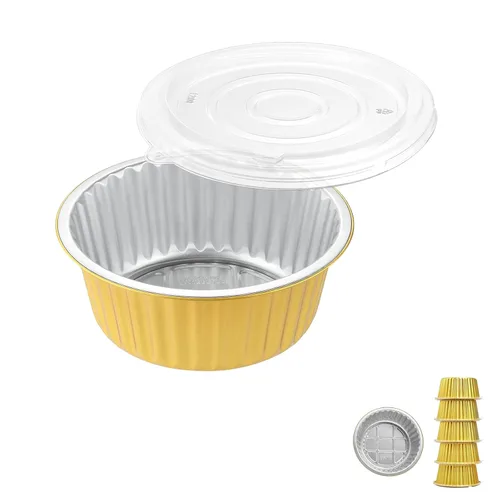 Vista 17 de 100 tazas de papel de aluminio de 2 capas con tapas, moldes desechables dorados de 5 onzas para hornear, tartas de chocolate, magdalenas, tartas