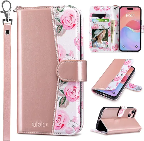 Vista 24 de ULAK Funda tipo billetera compatible con iPhone 15 para mujeres, funda tipo cartera con estampado floral de piel PU premium con porta tarjetas