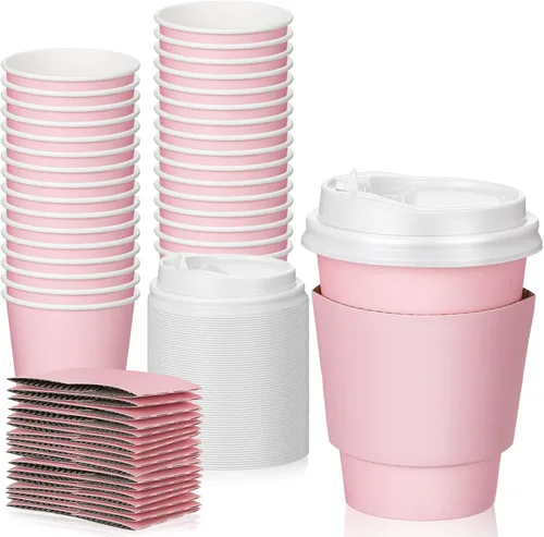 Vista 10 de Patelai 48 piezas de tazas de café desechables de 12 onzas con tapas y asas al por mayor, taza de papel aislada para chocolate caliente para bebidas