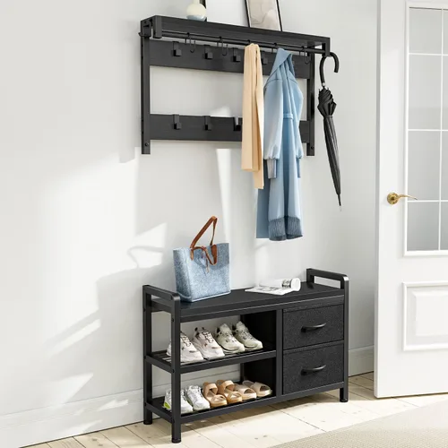 Vista 2 de Lulive Hall Tree, banco de entrada de 31.5 pulgadas con perchero independiente, banco de zapatos de diseño inteligente 5 en 1 y estante de pared, 17