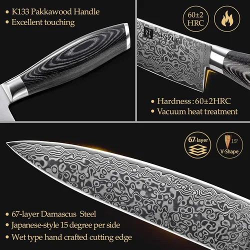 Vista 3 de XINZUO Cuchillo de cocina de 5 piezas, juego de cuchillos de chef profesional de acero de Damasco súper afilado con mango de madera de Pakkawood