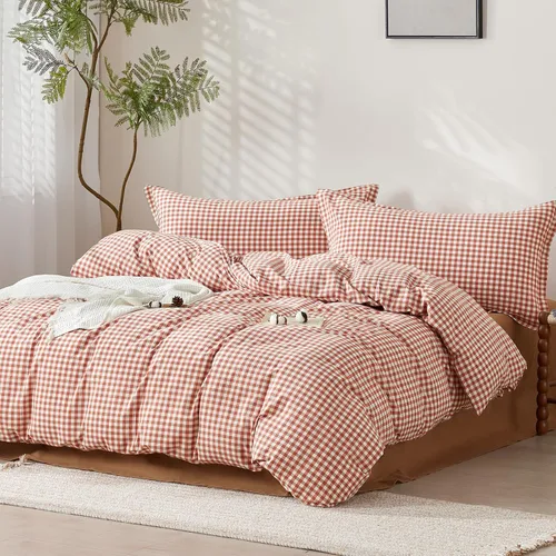 Vista 220 de SAPHREAS Juego de funda de edredón de algodón, tamaño King, a cuadros color gris oscuro y gris, geométrico, 3 piezas, 1 funda de edredón y 2 fundas