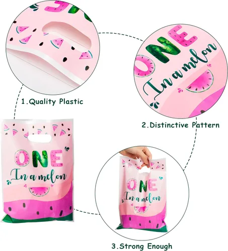 Vista 3 de 50 bolsas de regalo de melón con temática de sandía, impermeable, con asas troqueladas, bolsas de regalo de plástico brillante de verano para niños