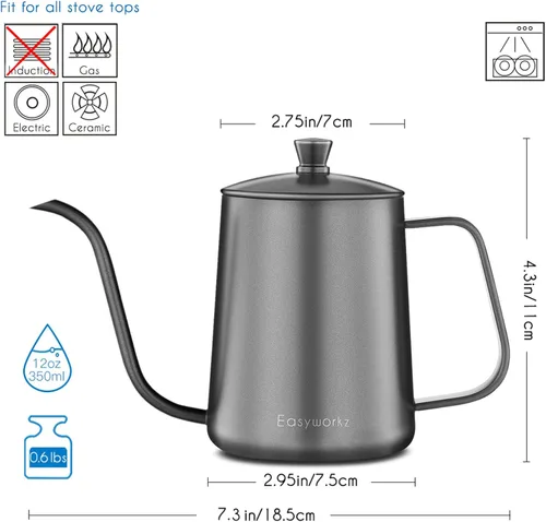 Vista 2 de Easyworkz Calibre cuello de cisne verter sobre la tetera de café de acero inoxidable de 12 onzas con boquilla larga y estrecha