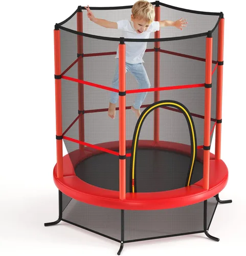 Vista 11 de GYMAX Trampolín de 55 pulgadas para niños, trampolín aprobado por ASTM con red de seguridad completa y cremallera lateral doble, mini trampolín