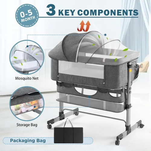 Vista 8 de Ihoming Moisés para bebé, cuna lateral con cesta de almacenamiento, cuna plegable fácil, cama ajustable para bebé recién nacido, gris