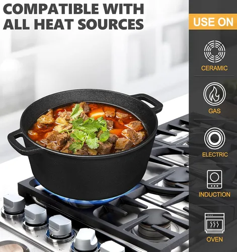 Vista 6 de MICHELANGELO Olla de horno holandés de 5 cuartos con tapa, olla de hierro fundido 2 en 1 presazonada, horno holandés de hierro fundido para hornear