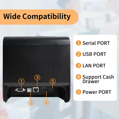 Vista 4 de Impresora de Recibos POS Rongta, Impresora Térmica de 80mm, ESC/POS, Impresora para Cocina de Restaurante con Soporte de Cortador Automático y Cajón