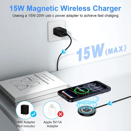 Vista 2 de Magsafe Charger - Cargador magnético para iPhone 17 Pro Max/17e/17/16/15/14/13/12 Series y AirPods, almohadilla magnética de carga rápida