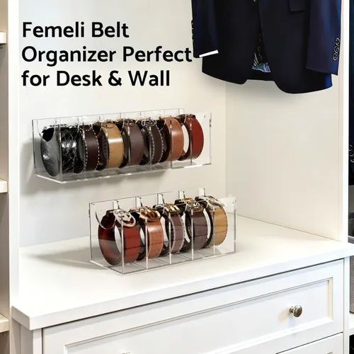 Vista 7 de FEMELI Organizador de cinturón, soporte de almacenamiento de contenedores de acrílico con 7 compartimentos, vitrina transparente para corbata