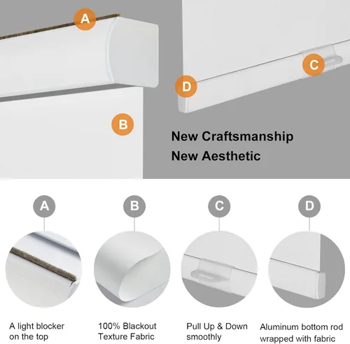 Vista 2 de Persilux Persianas Enrollables sin Cordón con Parada Libre 100% Opacas para Ventanas Cortinas Enrollables para Ventanas (Blanco, 36" An x 72" Al)