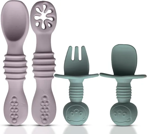 Vista 9 de HippoBaby Juego de 4 cucharas de silicona para bebé autoalimentación Utensilios para bebé 6-12 meses - 3 cucharas para bebé - 1 tenedor para bebé
