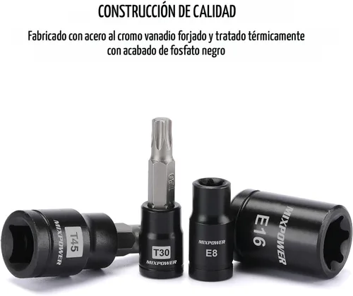 Vista 3 de MIXPOWER Juego de 25 puntas y dados Torx, 13 puntas de estrella (T8- T60) y 12 enchufes E-Torx (E4-E22), juego de mecánico de automóviles