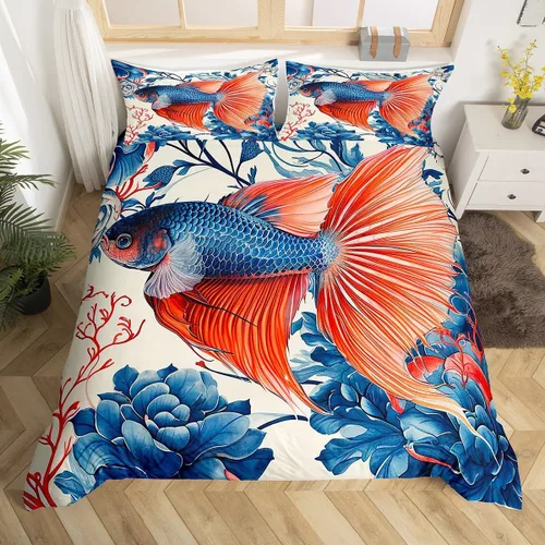 Vista 16 de Betta Fish - Juego de funda de edredón de peces tropicales, acuarela, animales marinos, algas marinas, coral submarino, vida marina (sin relleno)