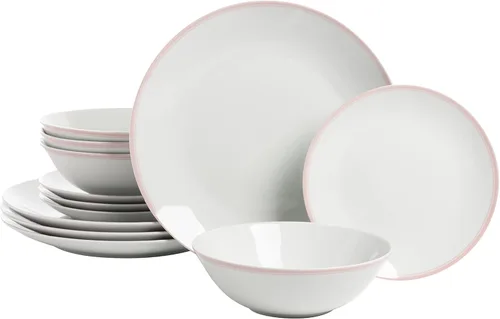 10 Strawberry Street Coupe Double Line - Juego de vajilla de 12 piezas, color rosa, rosa brumoso, SM-1200-CP-P