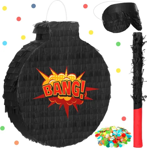 Wettarn Hero Boom Piñata para fiesta de cumpleaños, piñata negra grande con palo para los ojos vendados, confeti, tema de héroe, accesorio de juego