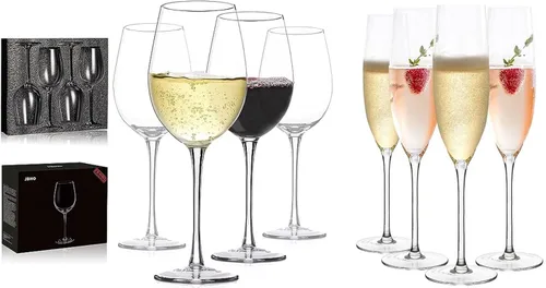 JBHO Juego de 4 copas de champán, elegantes copas, copas de vino blanco y tinto, caja de regalo, copas de champán sopladas a mano, 100% sin plomo,