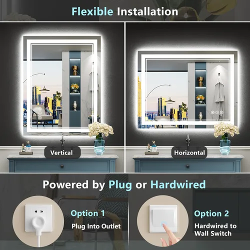 Vista 108 de Espejo de baño LED de 20 x 28 pulgadas con luces, retroiluminado y frontal iluminado antivaho para pared de baño, regulable, luz de 3