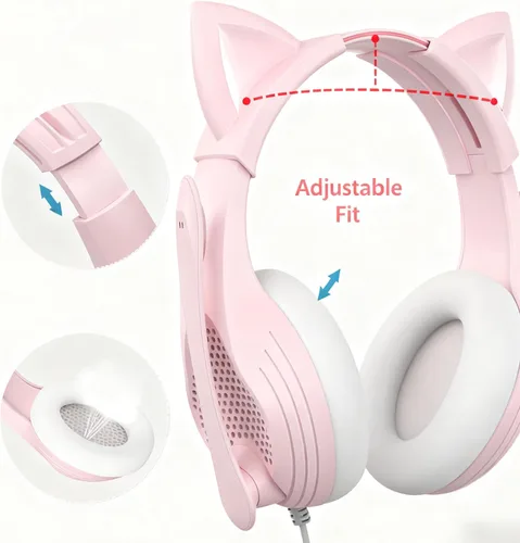 Vista 5 de GIME Pink Gaming Headset - Cute Cat Ears Wired Over Ear Headphones with Mic - Compatible with Xbox/PS4/ PS5/ PC Computer/Laptop/Phone