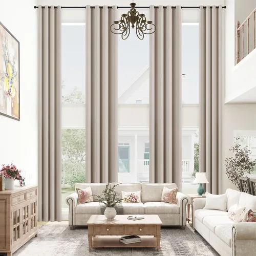 Vista 6 de mstexa Cortinas opacas beige para techo alto sala de estar, cortinas extralargas de lino sintético con ojales para cortinas de casa de 2 pisos