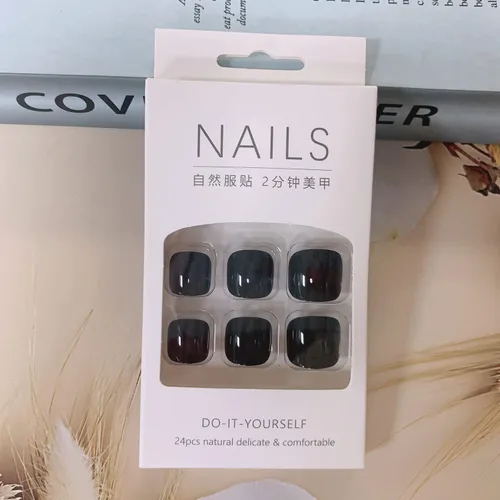 Vista 2 de Uñas postizas brillantes, uñas cortas cuadradas a presión, lindas uñas postizas sólidas, uñas postizas negras a presión, pies de verano, uñas