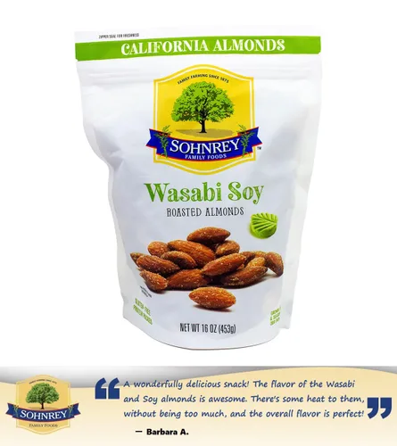 Vista 8 de Almendras tostadas pasteurizadas al vapor de Wasabi y salsa de soja de la granja familiar Sohnrey (paquete de 3)
